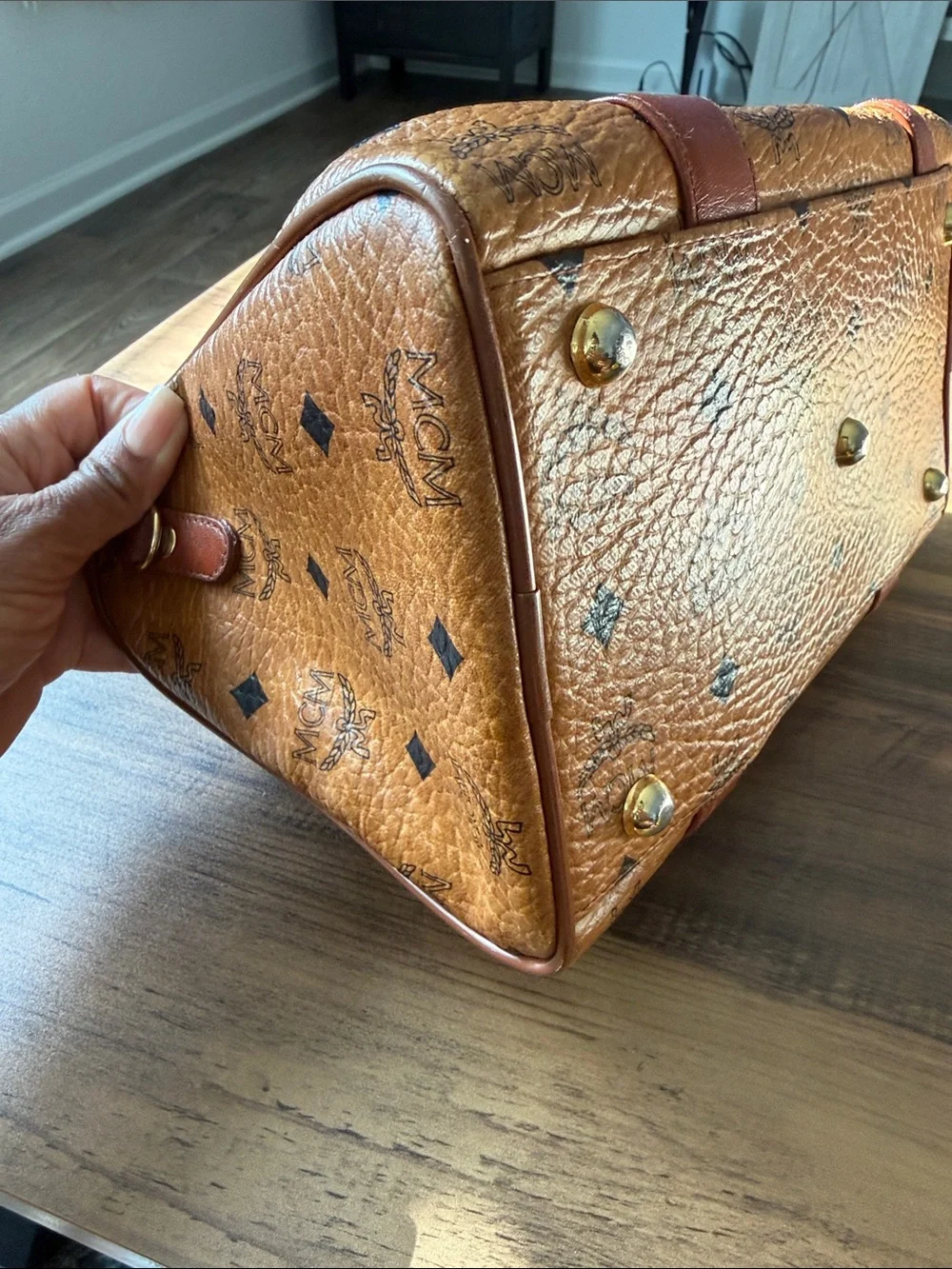 MCM Cognac Visetos Logo Satchel with Gold Hardware